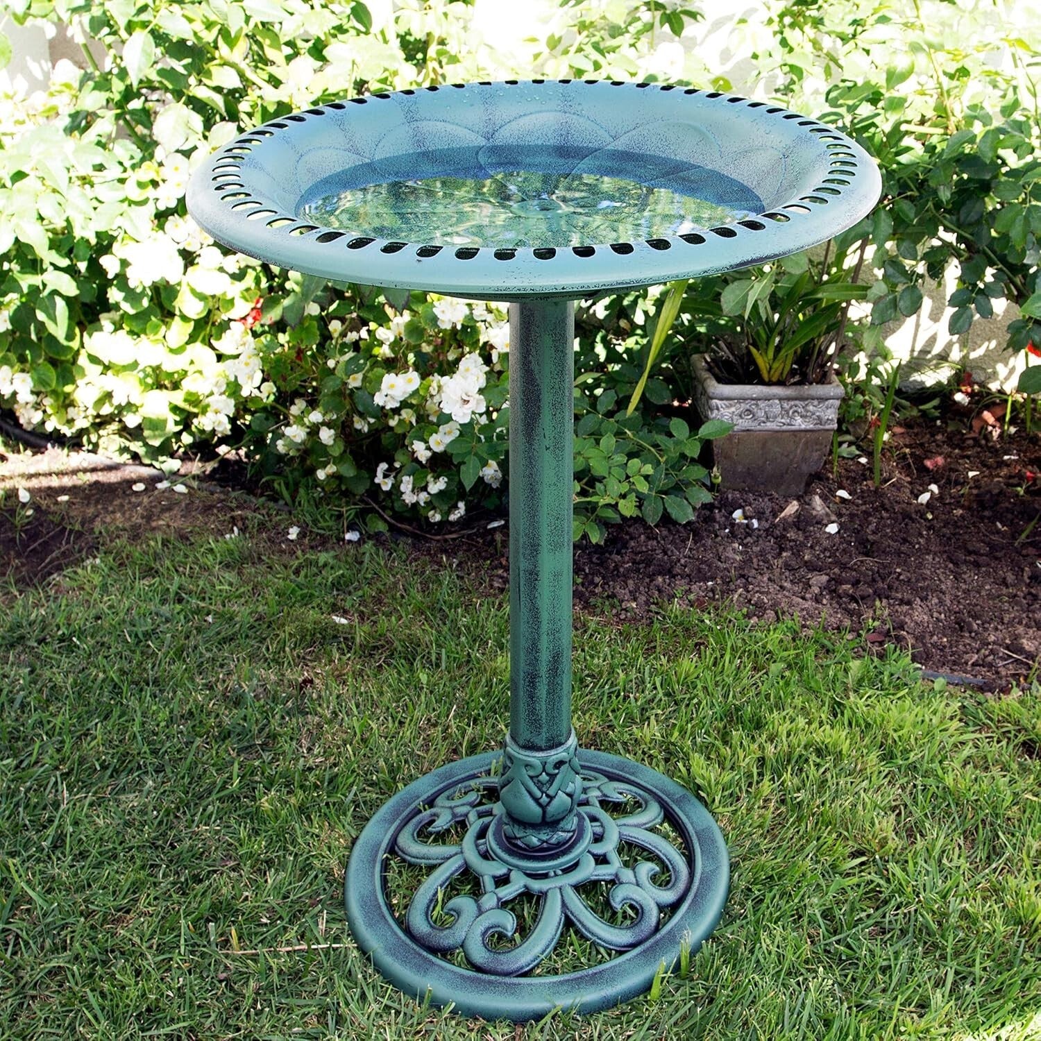 Elegant 28" Tall Outdoor Birdbath with Scrollwork - Aged Green Garden Accent