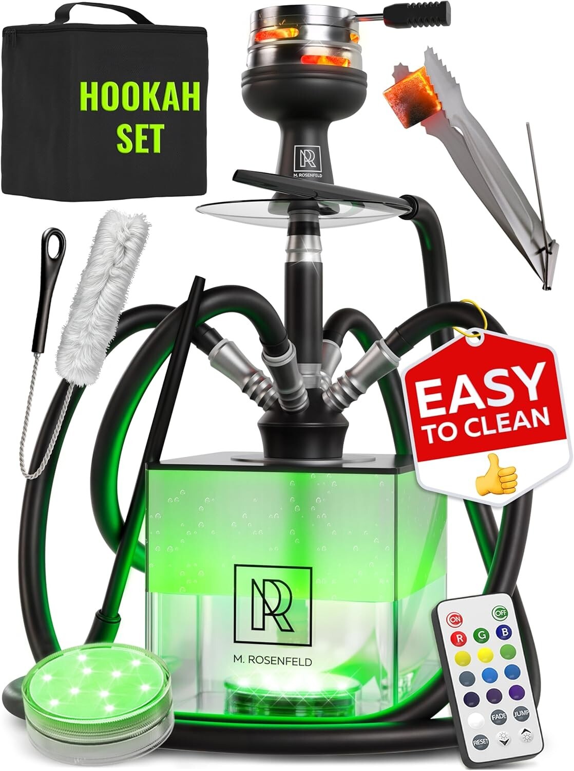 4 Hose Premium Hookah Set with LED Light - Complete Acrylic Kit & Accessories