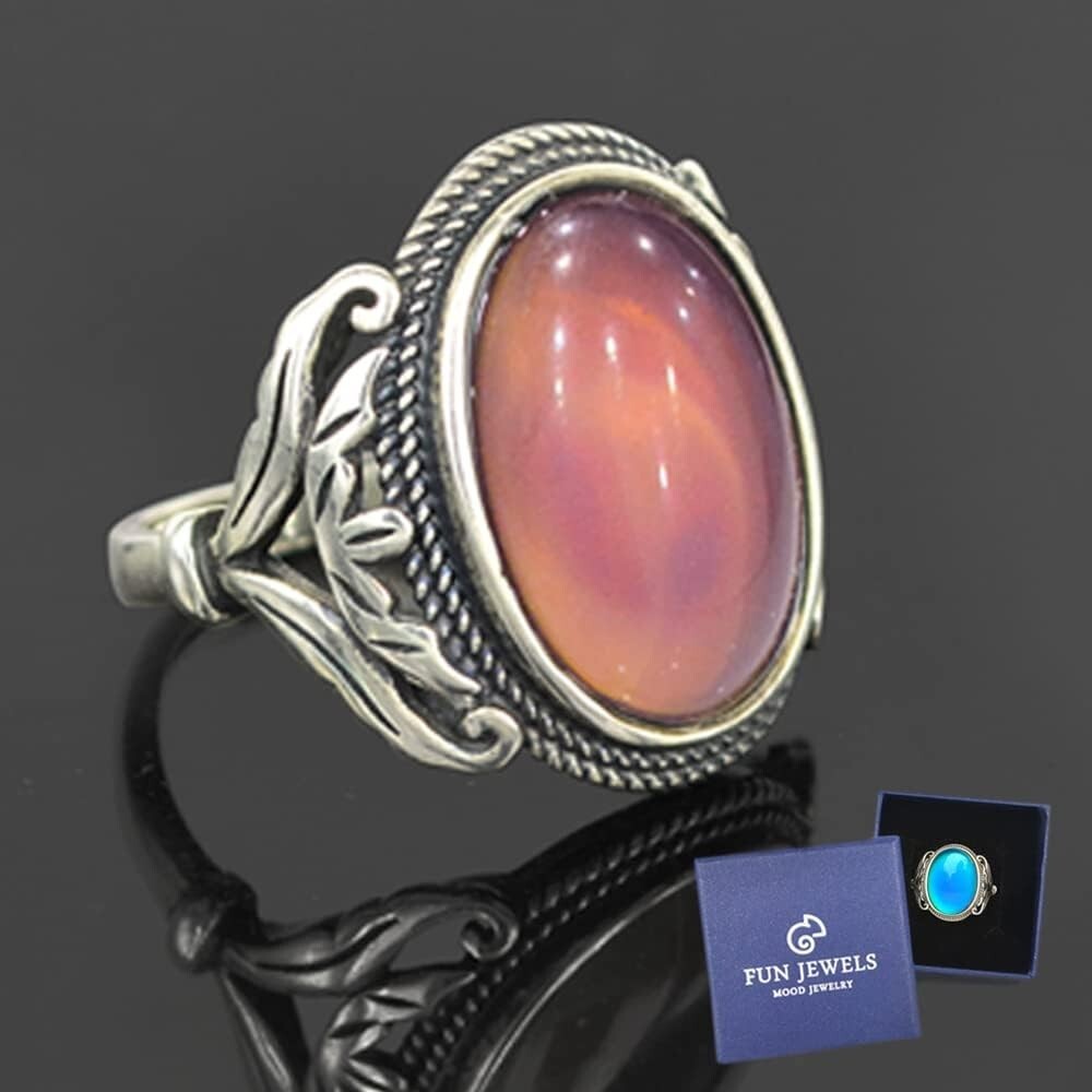 Adjustable Burnished Sterling Silver Mood Ring - Antique Style Statement Jewelry