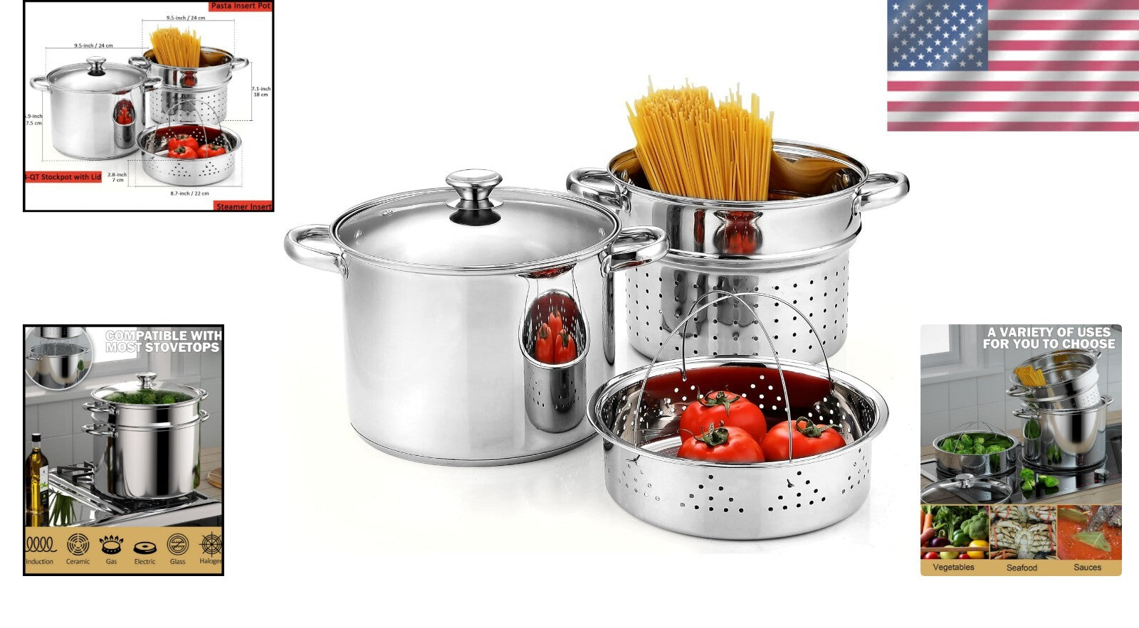 8-Quart Multifunctional Pasta & Steamer Set - Induction Ready Stainless Steel