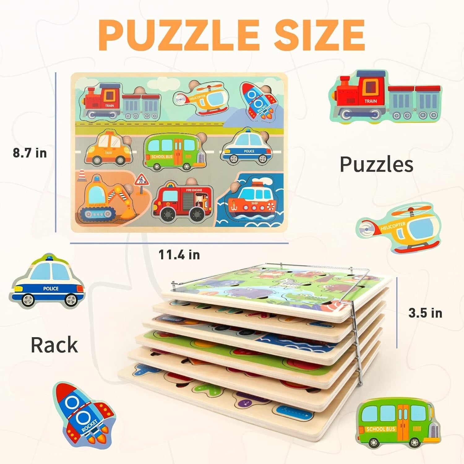 Wooden Educational Puzzle Set for Toddlers with Storage Rack - 6 Engaging Themes