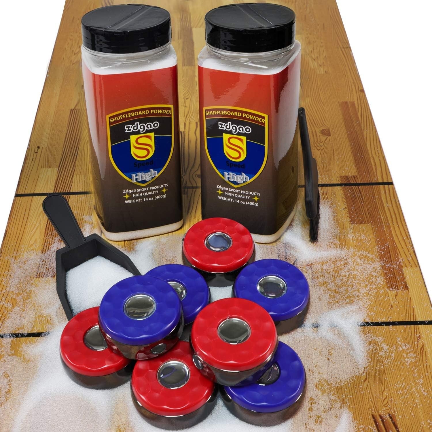 All-in-One Shuffleboard Accessories Set: 8 Chrome Pucks, Wax and Cleaning Tools