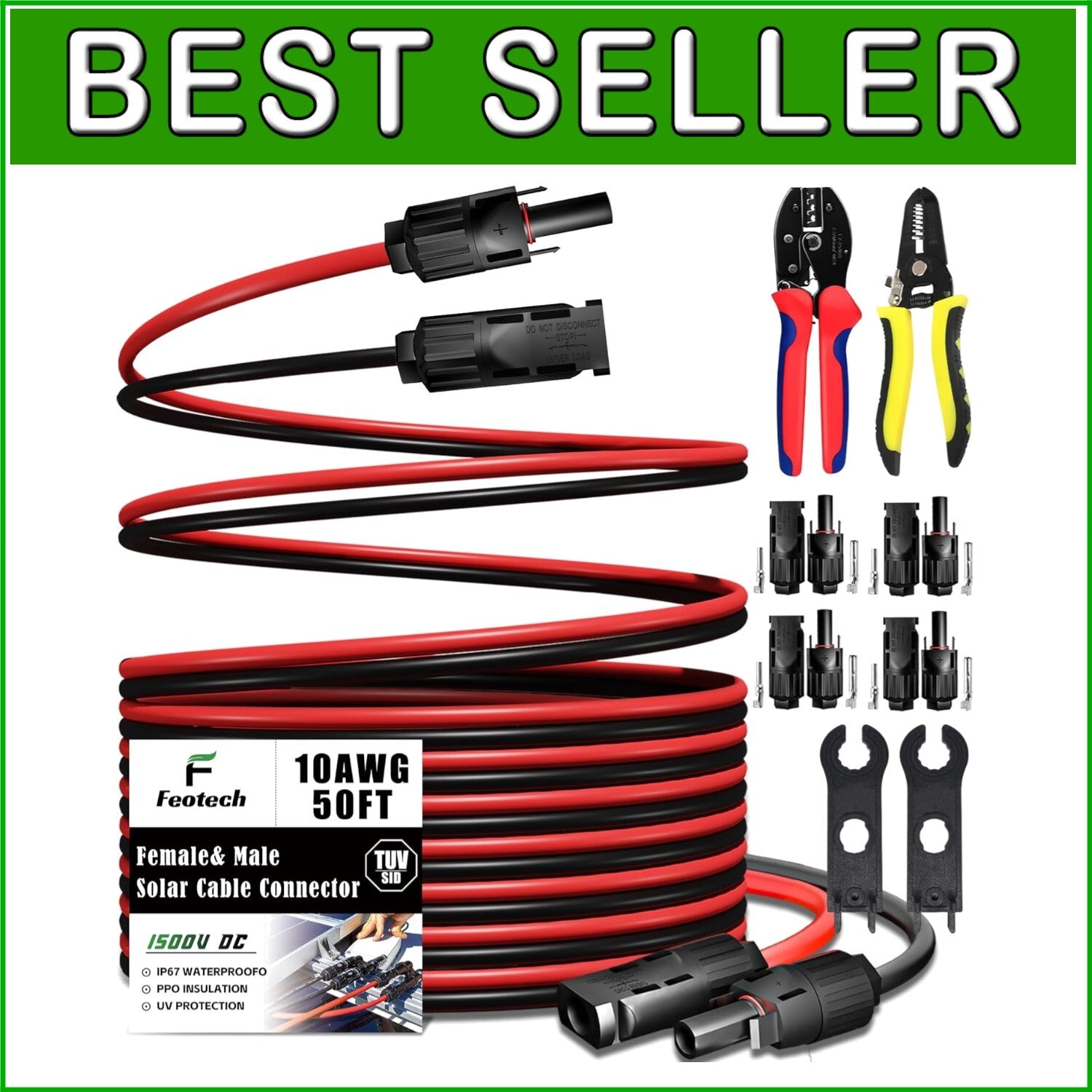 Weather-Resistant 10AWG Solar Panel Extension Cable - 50FT with IP67 Connectors