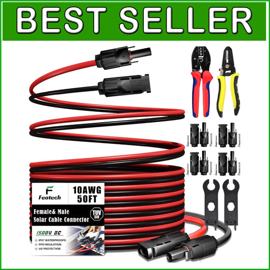 Weather-Resistant 10AWG Solar Panel Extension Cable - 50FT with IP67 Connectors