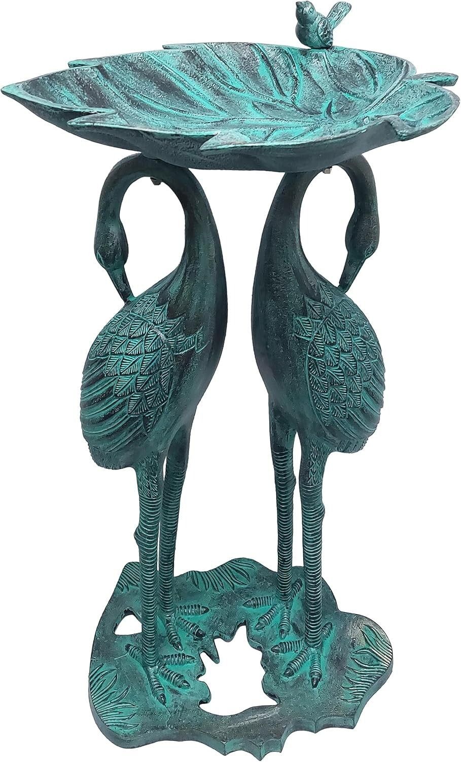 Sturdy 30-in Cast Aluminum Crane Bird Bath with Leaf Bowl - Traditional Elegance