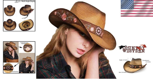 Handmade Brown Cowgirl Hat with Unique Peony Embroidery - Women’s Western Style