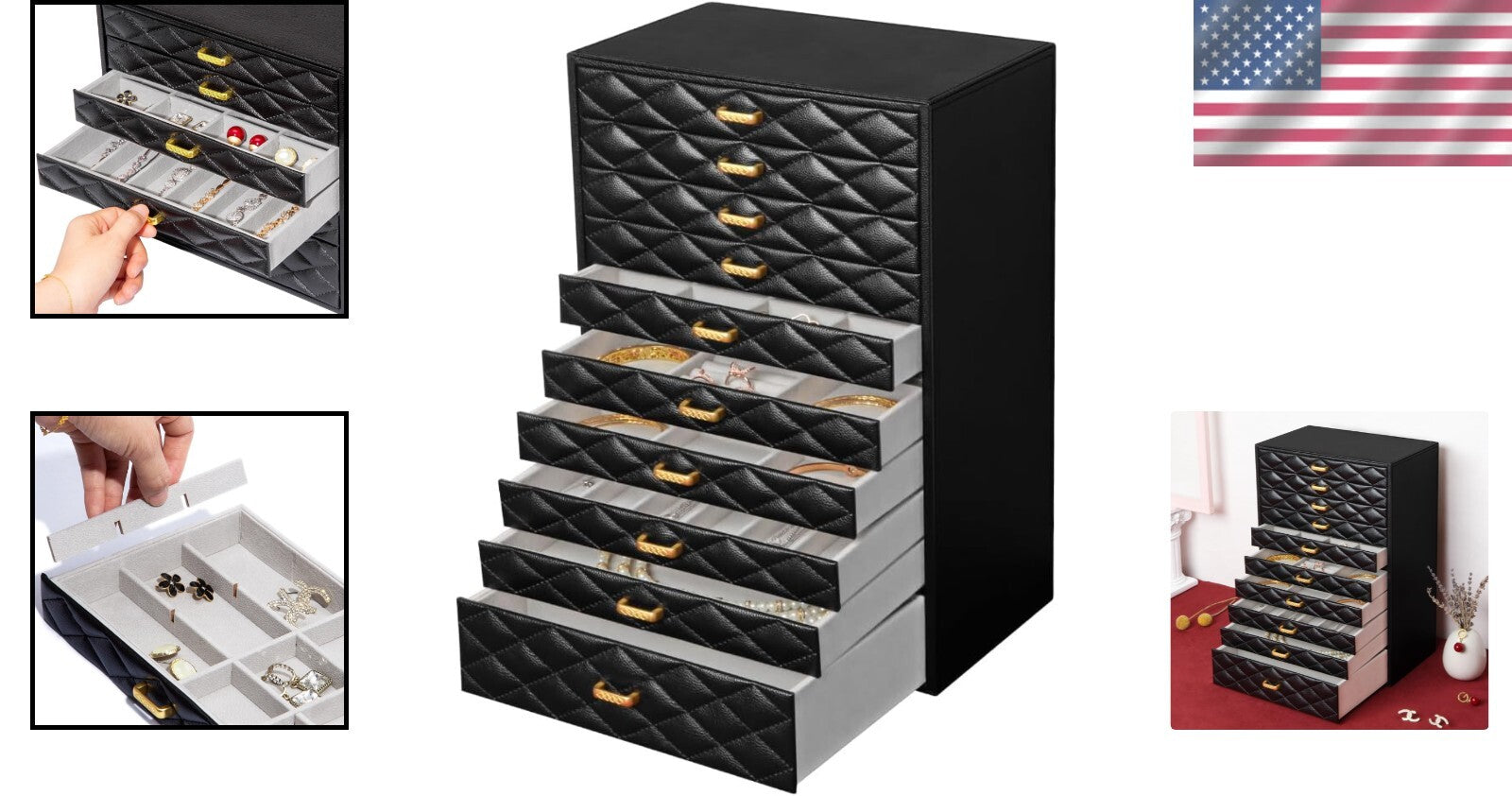 Elegant 10-Compartment Jewelry Case - Black Faux Leather with Velvet Interior