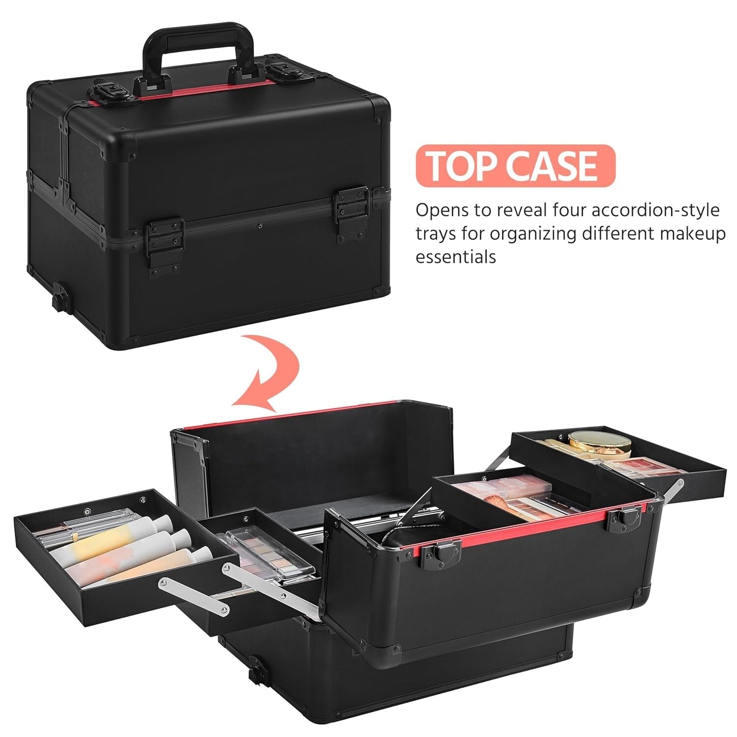Chic 4-in-1 Makeup Case with Detachable Trays - Large Travel Trolley Organizer