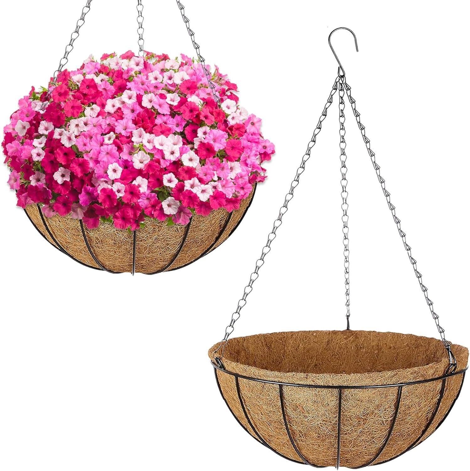 2 Pack 16 Inch Round Hanging Planter Baskets with Natural Coconut Liners
