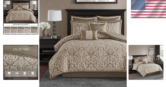 Odette 8-Piece Tan Comforter Set - Jacquard Fabric with Decorative Pillows