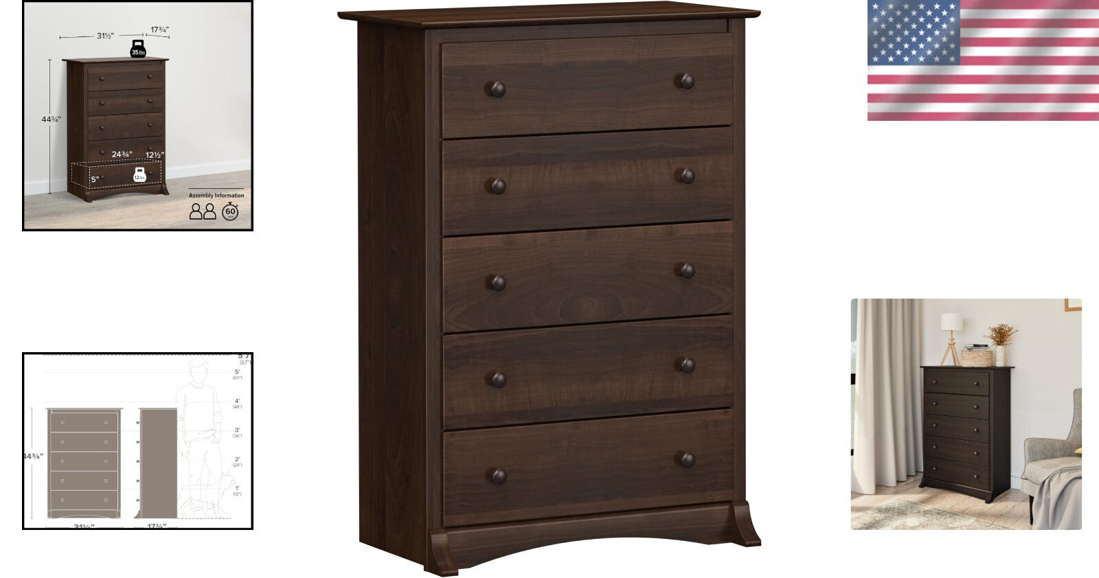 Elegant 5-Drawer Chest in Espresso - Durable & Versatile Furniture for Any Room