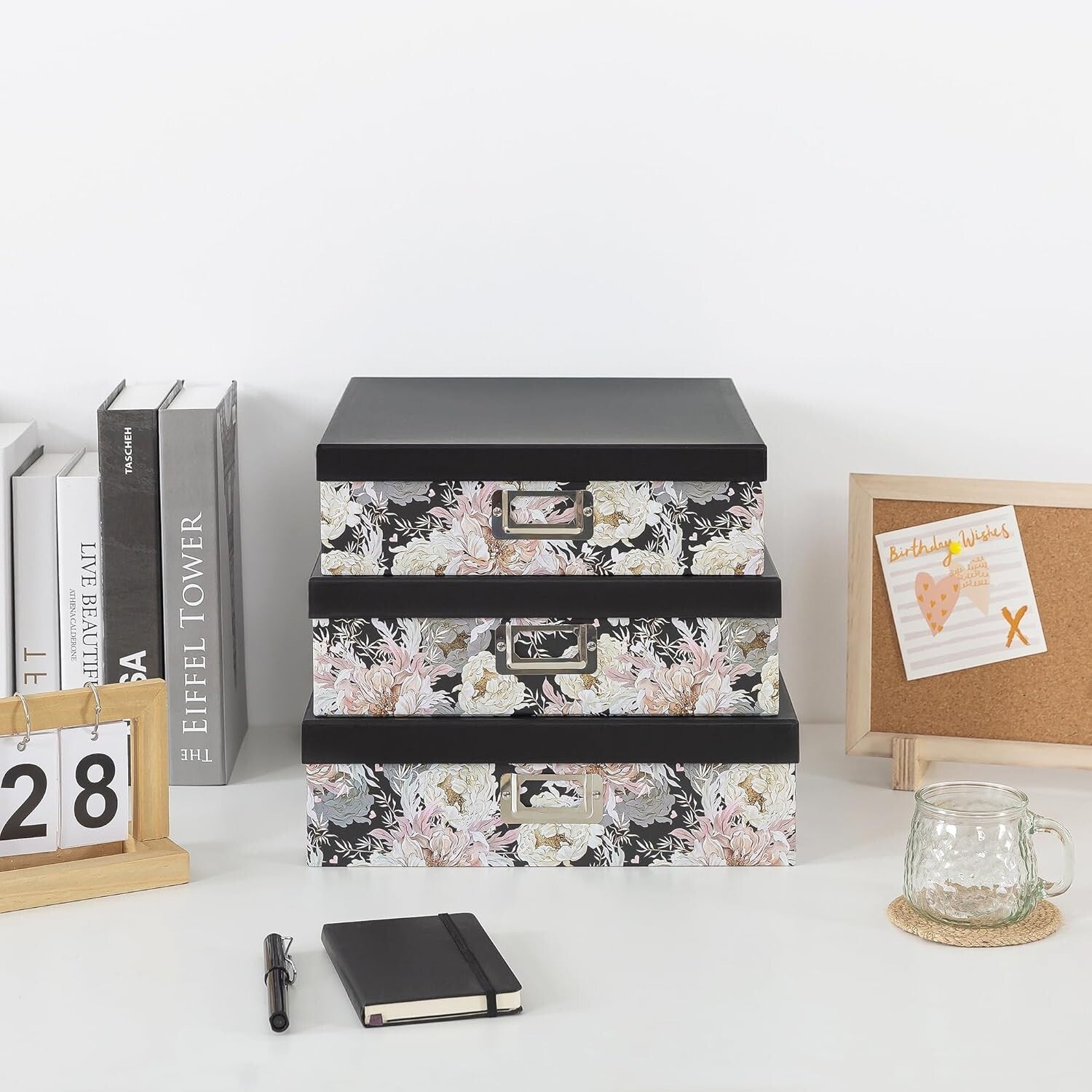 Versatile Floral Keepsake Boxes in Three Sizes - Elegant Garden Noir Storage Set