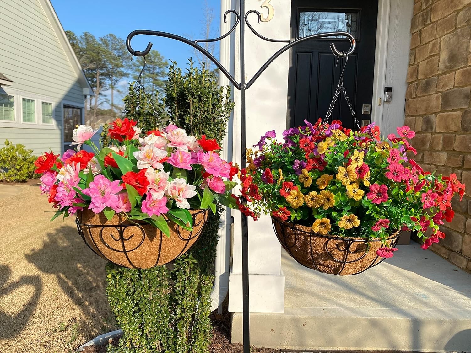 Beautiful Silk Flower Hanging Basket with Rattan for Porches and Gardens