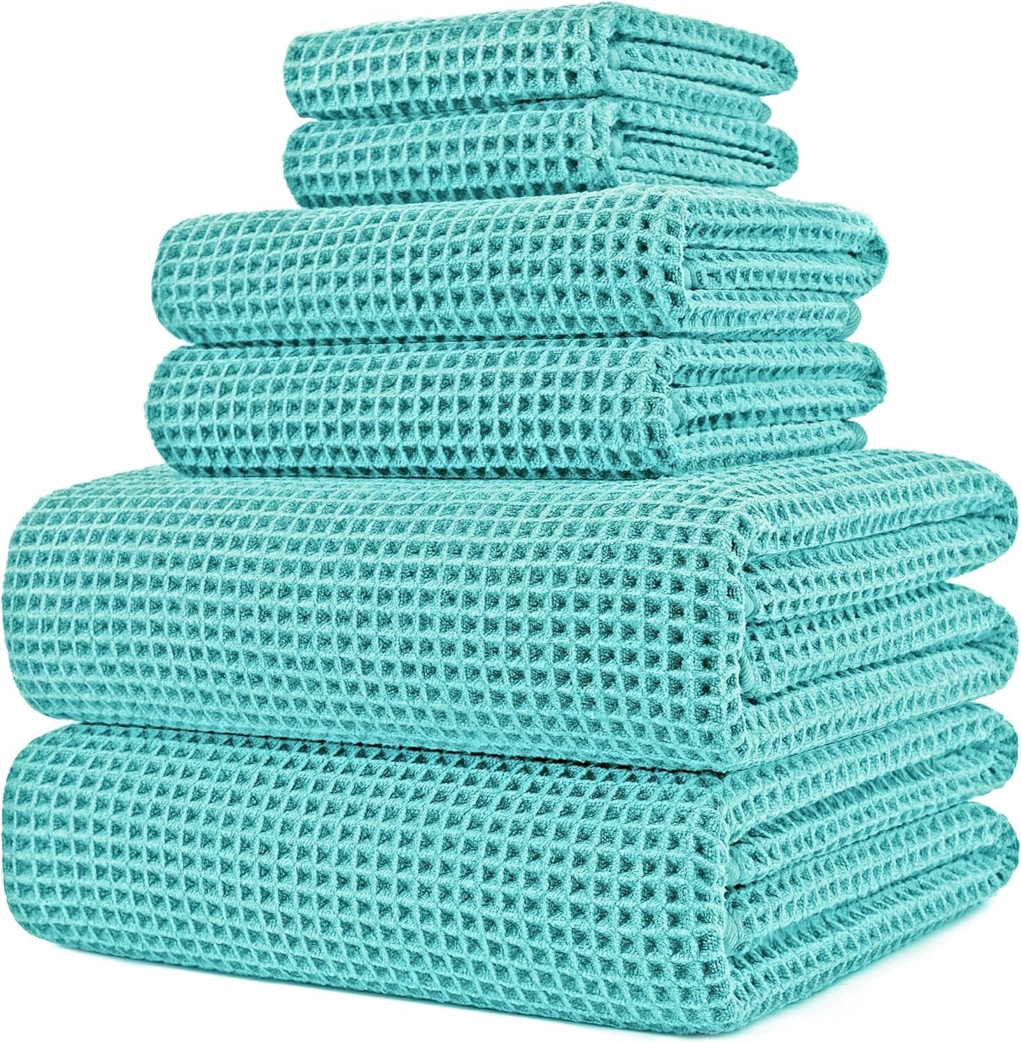 Deluxe 6-Piece Aqua Waffle Weave Microfiber Bath Towels - Oversize 60 x 30 in.