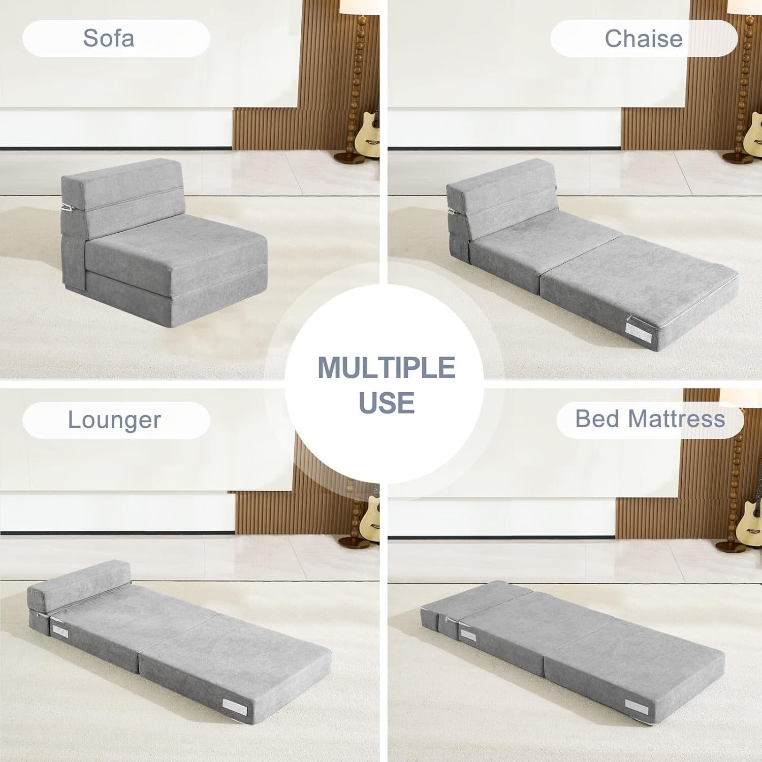 Transformable Light Gray Sofa Bed Couch - Comfortable Folding Chair with Pillow