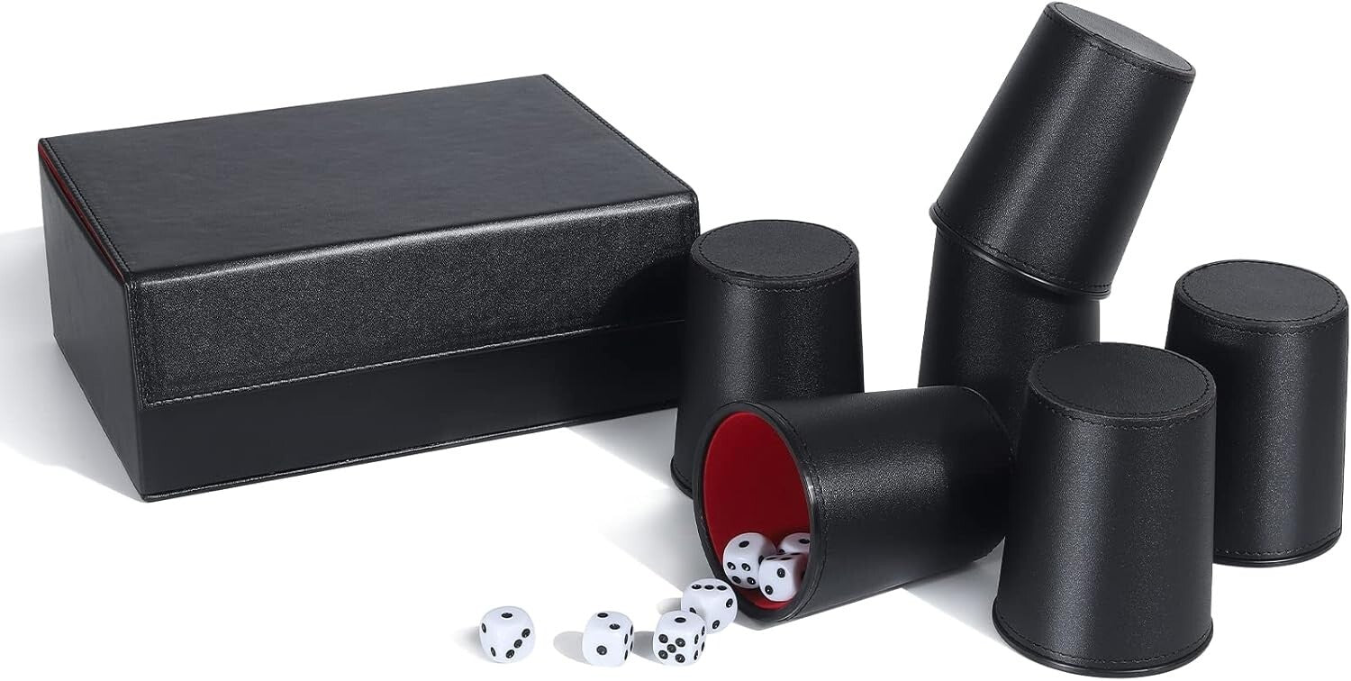 Exclusive Travel Dice Game Set - 6 Leather Cups, Dice & Lush Storage Case