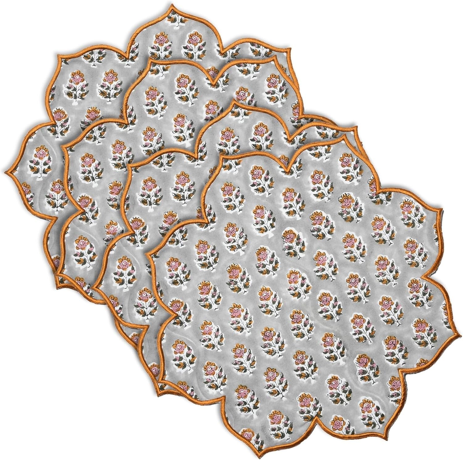 Set of 4 Cotton Block Printed Flower Placemats - Versatile Round Table Mats