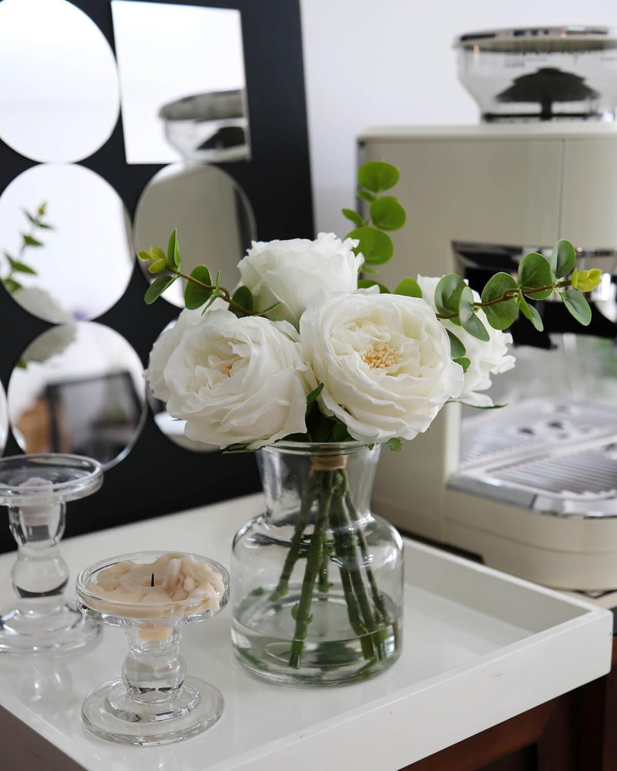 Elegant Artificial White Roses with Glass Vase - Lifelike Table Centerpiece