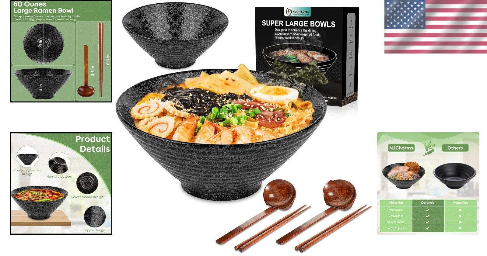 Authentic Japanese Ramen Bowl Set of 2 - 60 oz Ceramic with Spoons & Chopsticks