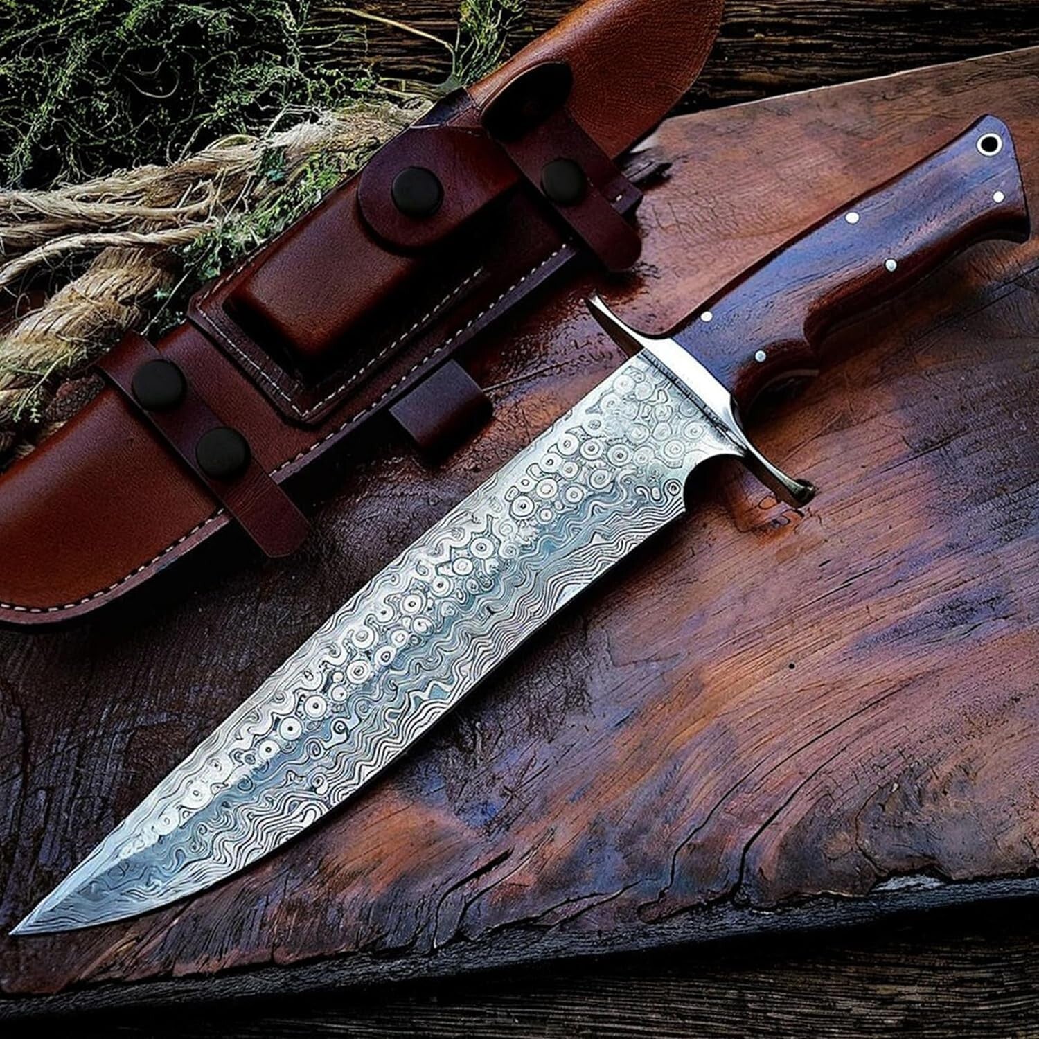 Rust-Resistant 9" Blade Fixed Outdoor Knife with Walnut Handle & Leather Sheath
