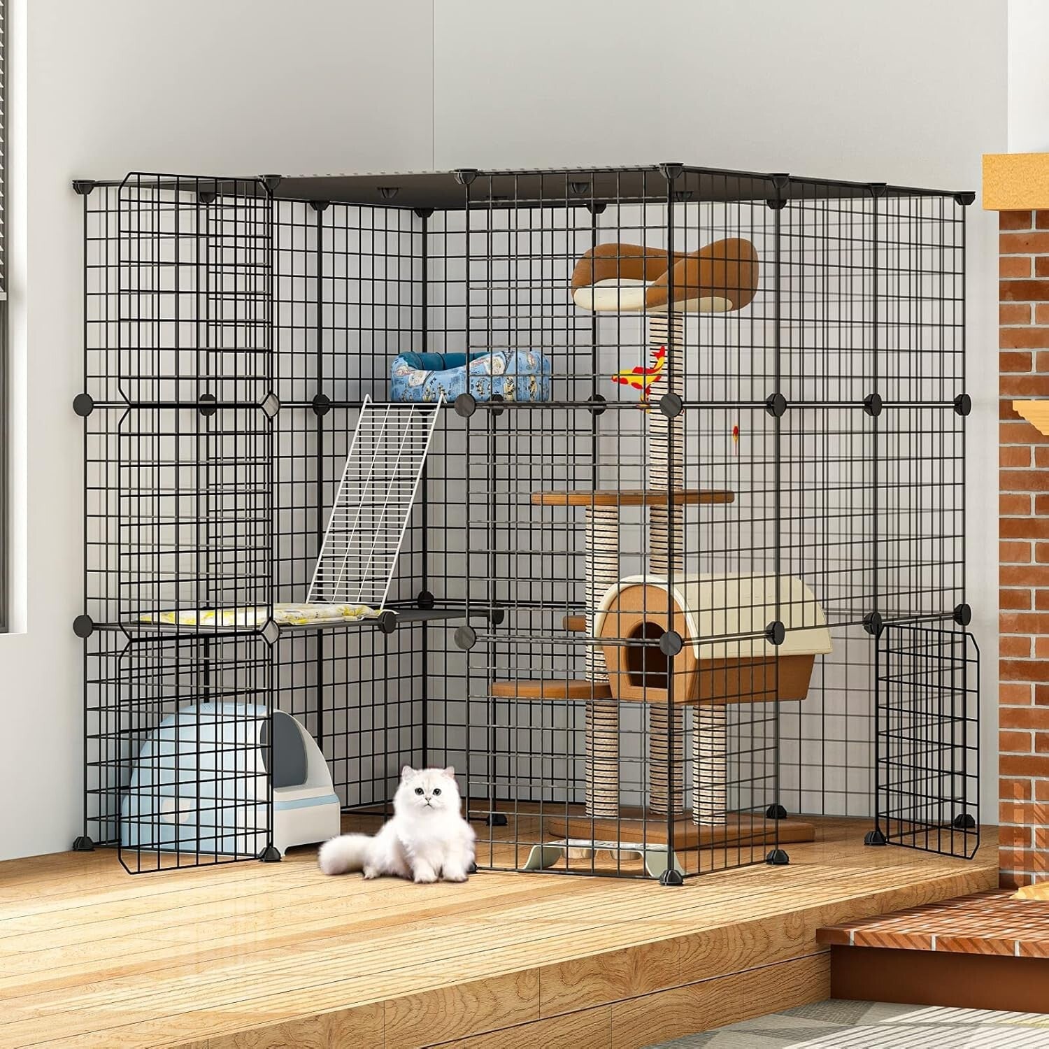 Detachable Indoor Cat Crate - 41” Playpen for 1-4 Cats with Ramp & Organization