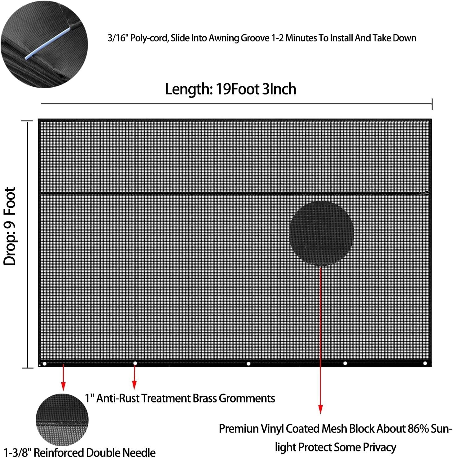Lightweight RV Awning Shade Screen 9'x19'3'' - Ultimate Sun Protection & Comfort