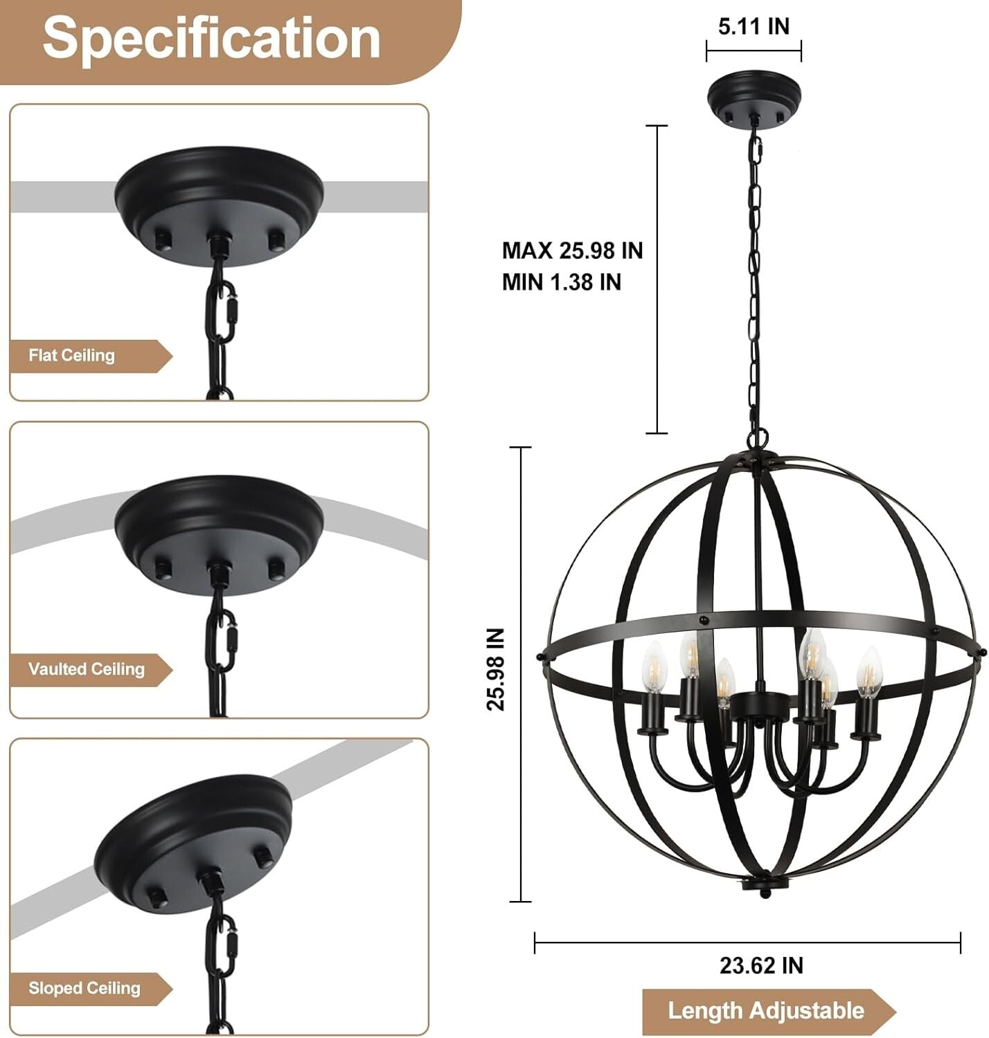 Versatile 6-Light Orb Chandelier with Metal Cage - Perfect for Kitchen and Foyer