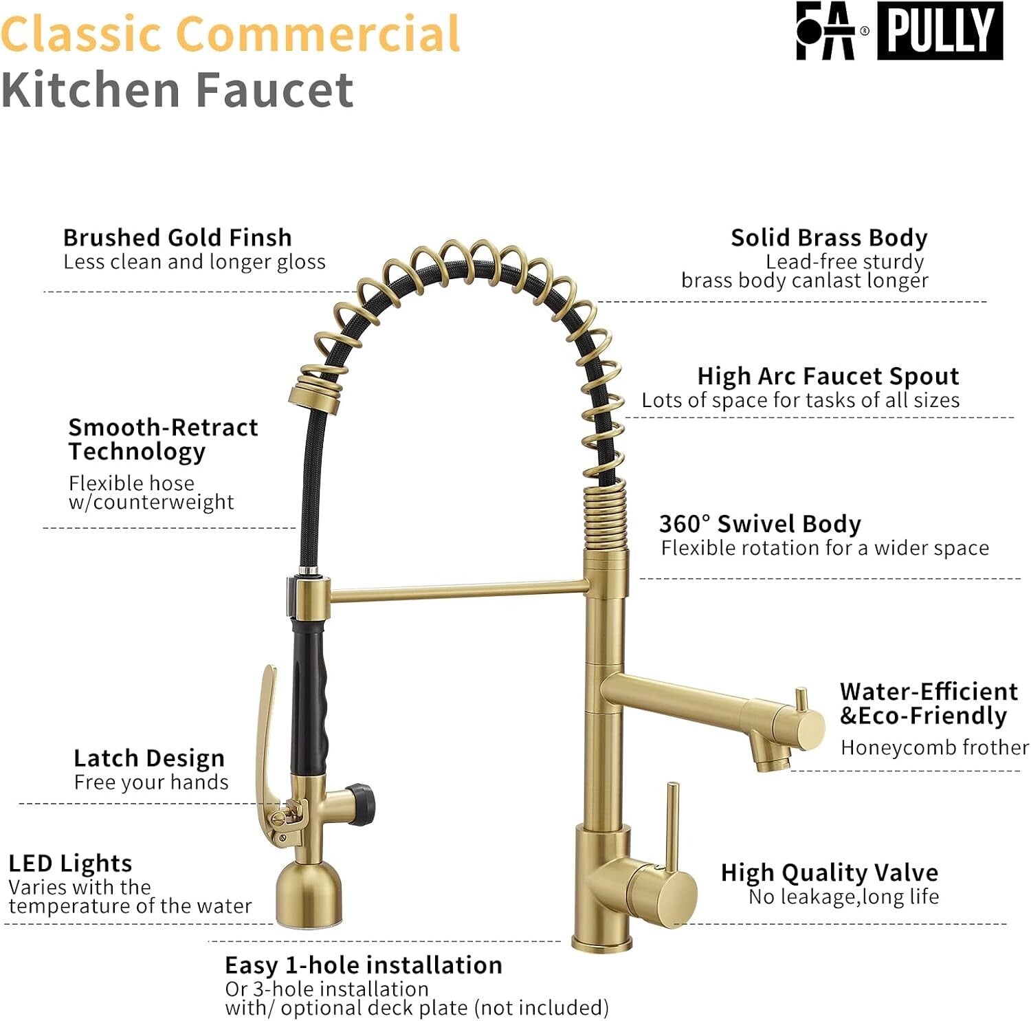 Single Handle Brushed Gold Kitchen Faucet with Temperature-Sensitive LED