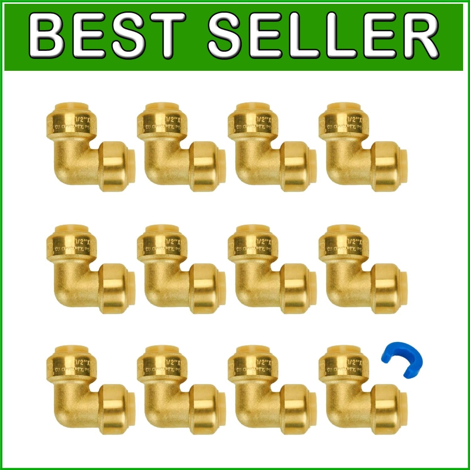 Durable 1/2 Inch 90 Degree Brass Elbows - Push PEX Plumbing Fittings Pack of 12