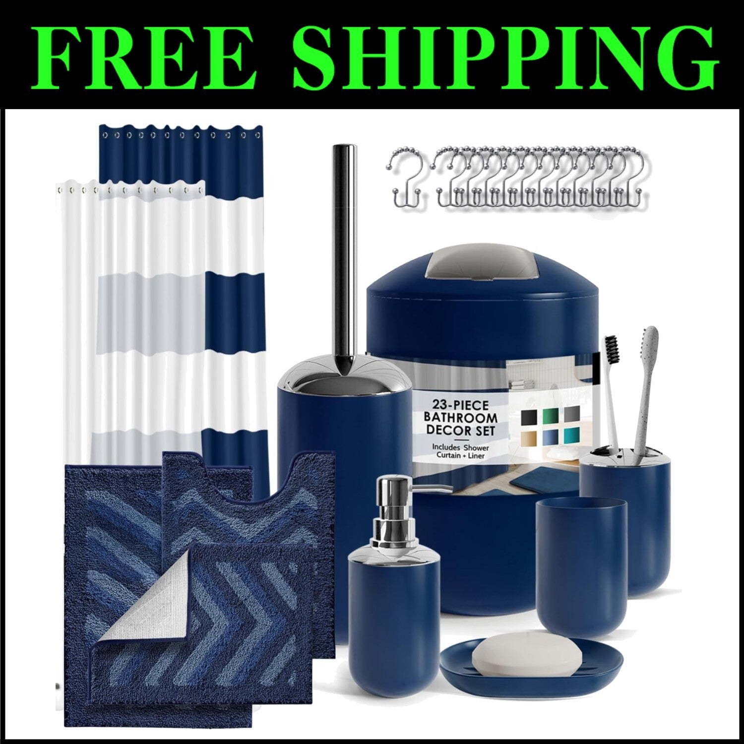 Navy Chevron 23PC Bath Set: Shower Curtain, Rugs & Essentials for Stylish Spaces