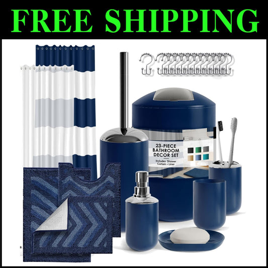 Navy Chevron 23PC Bath Set: Shower Curtain, Rugs & Essentials for Stylish Spaces