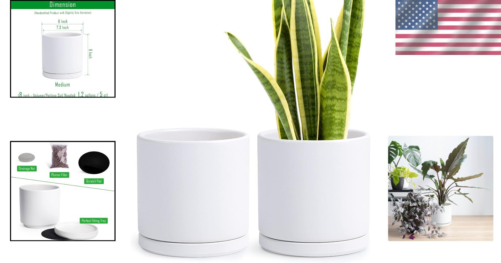 Set of 2 Elegant 8" Ceramic Planters with Drainage Holes and Matching Saucers