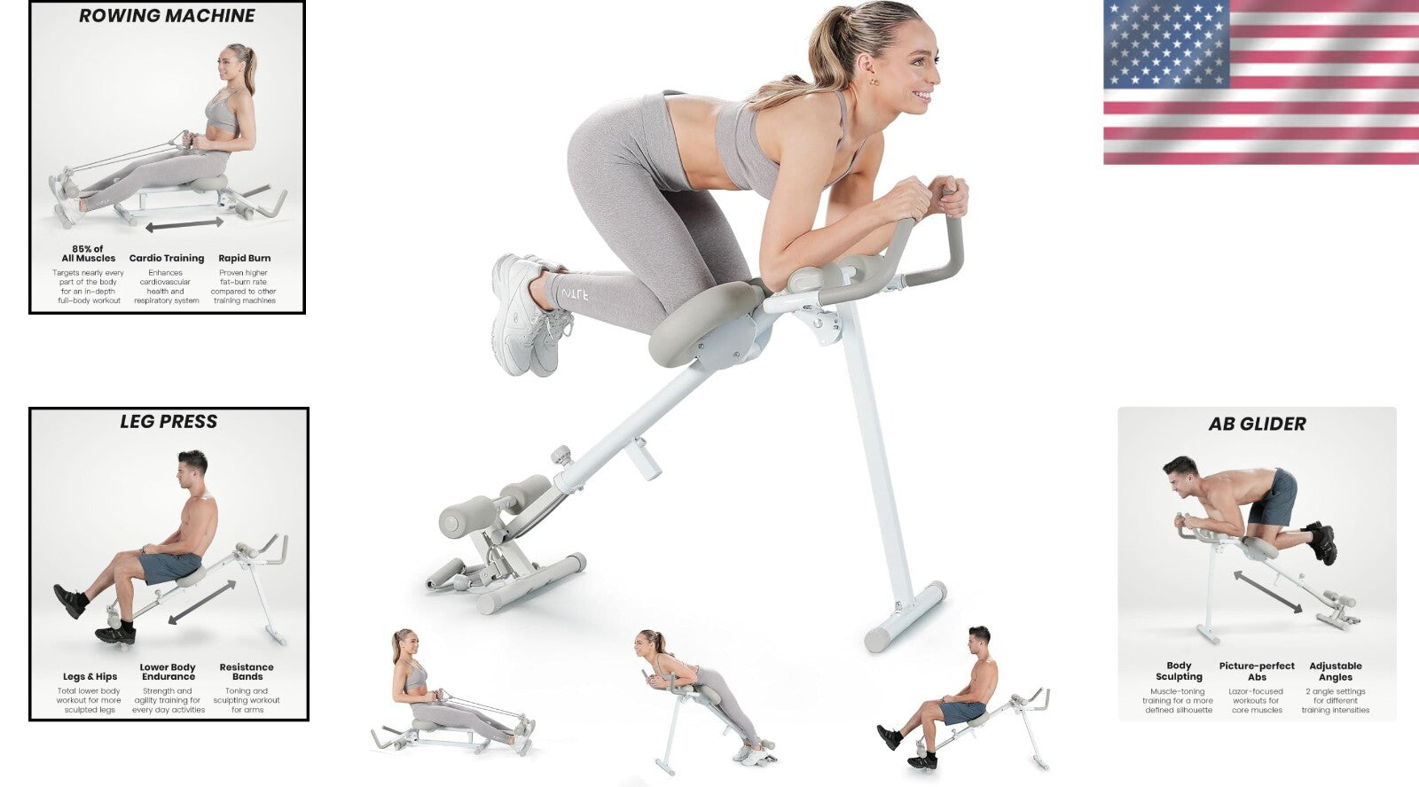 4-in-1 Home Gym Equipment: Rowing Machine, Leg Press & More - Compact Design