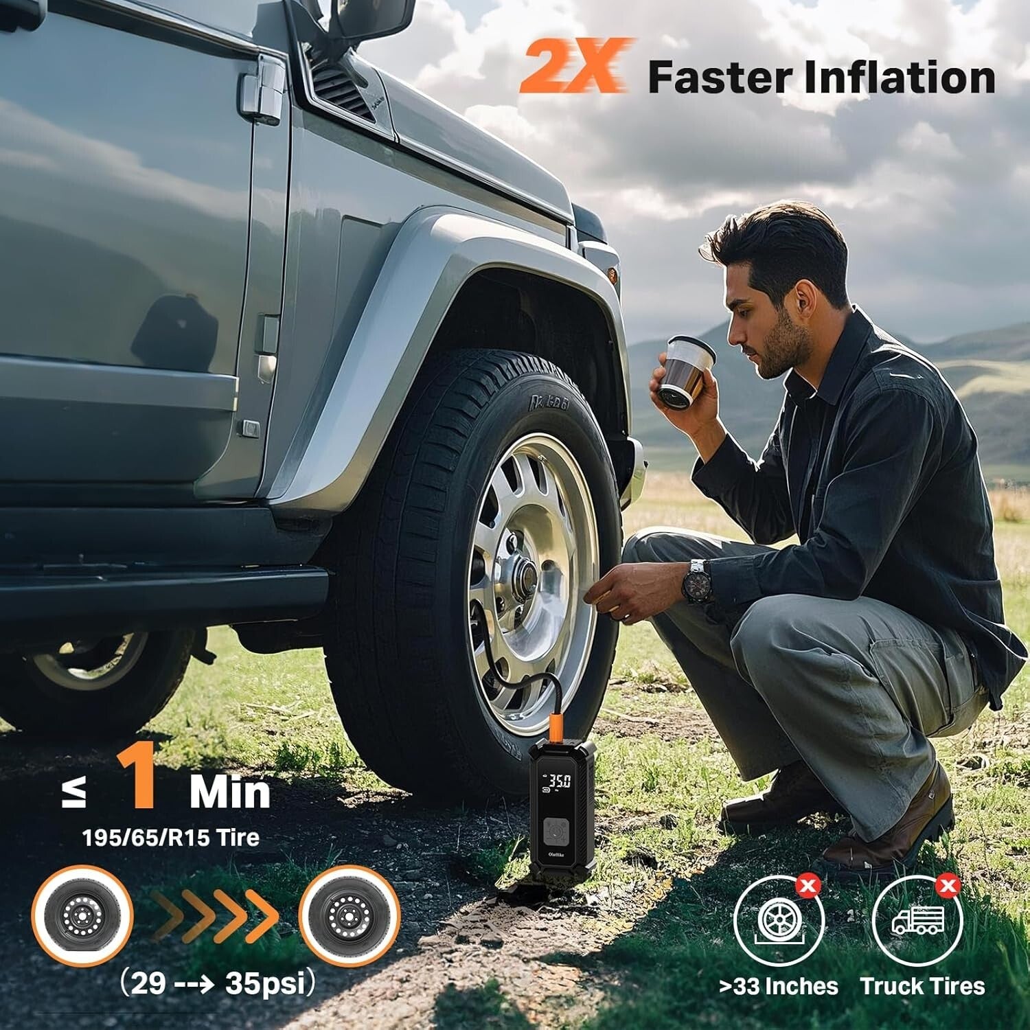 Fast Charging 9000mAh Cordless Tire Inflator with 5 Accessories and Storage Bag