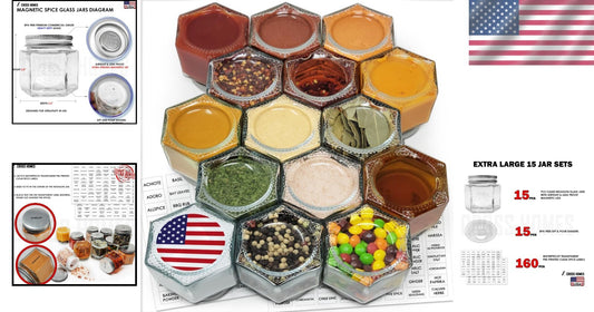 Airtight Magnetic Spice Containers - 4oz Hexagon Jars with Labels and Shakers