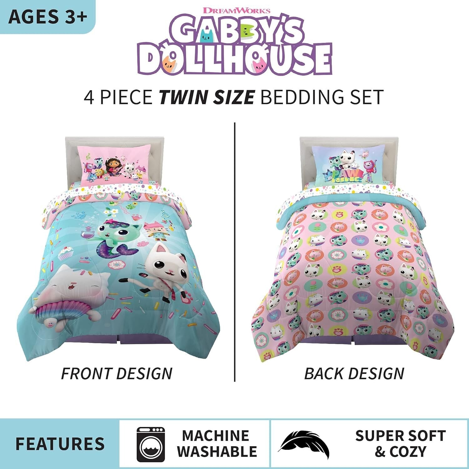Gabby's Dollhouse Cakey & MerCat Twin Bedding Set - 4 Piece Super Soft Comforter