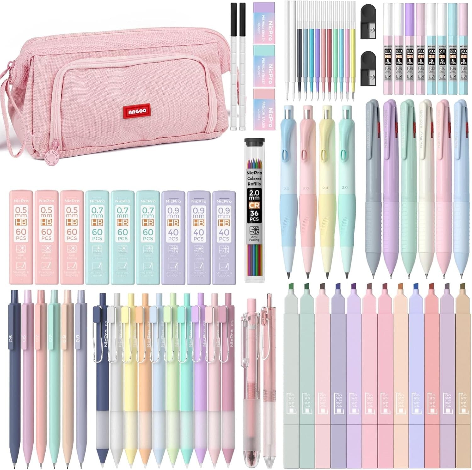 78-Piece Aesthetic School Supplies Set with Cute Pastel Pen Case & Highlighters