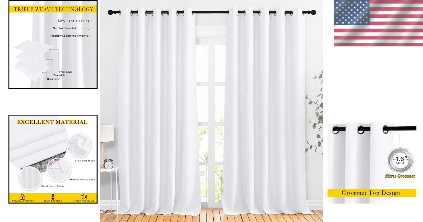 Modern White Room Darkening Grommet Curtains - Noise Reducing Insulated Panels
