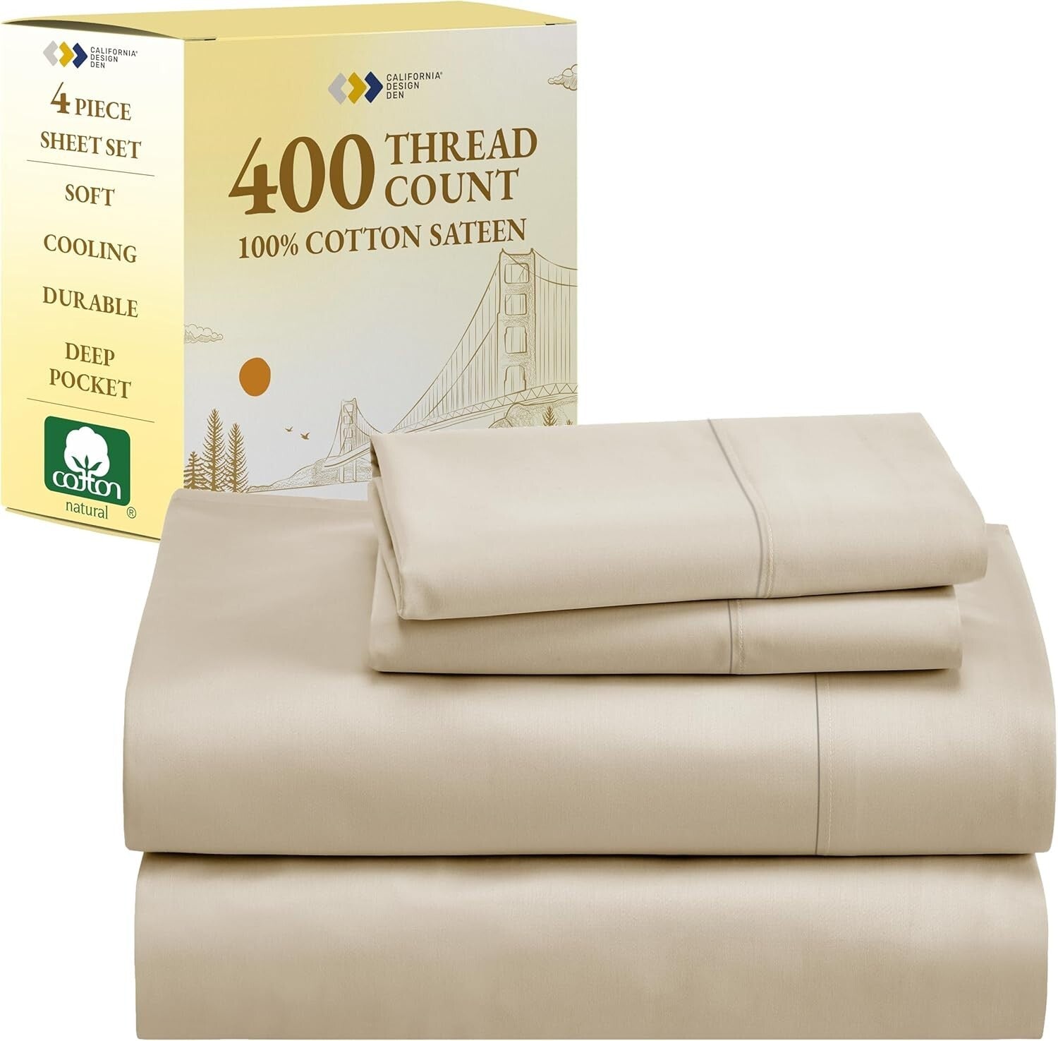 Elegant California King Bed Sheet Set – 4-Piece Cotton Sateen with Deep Pockets