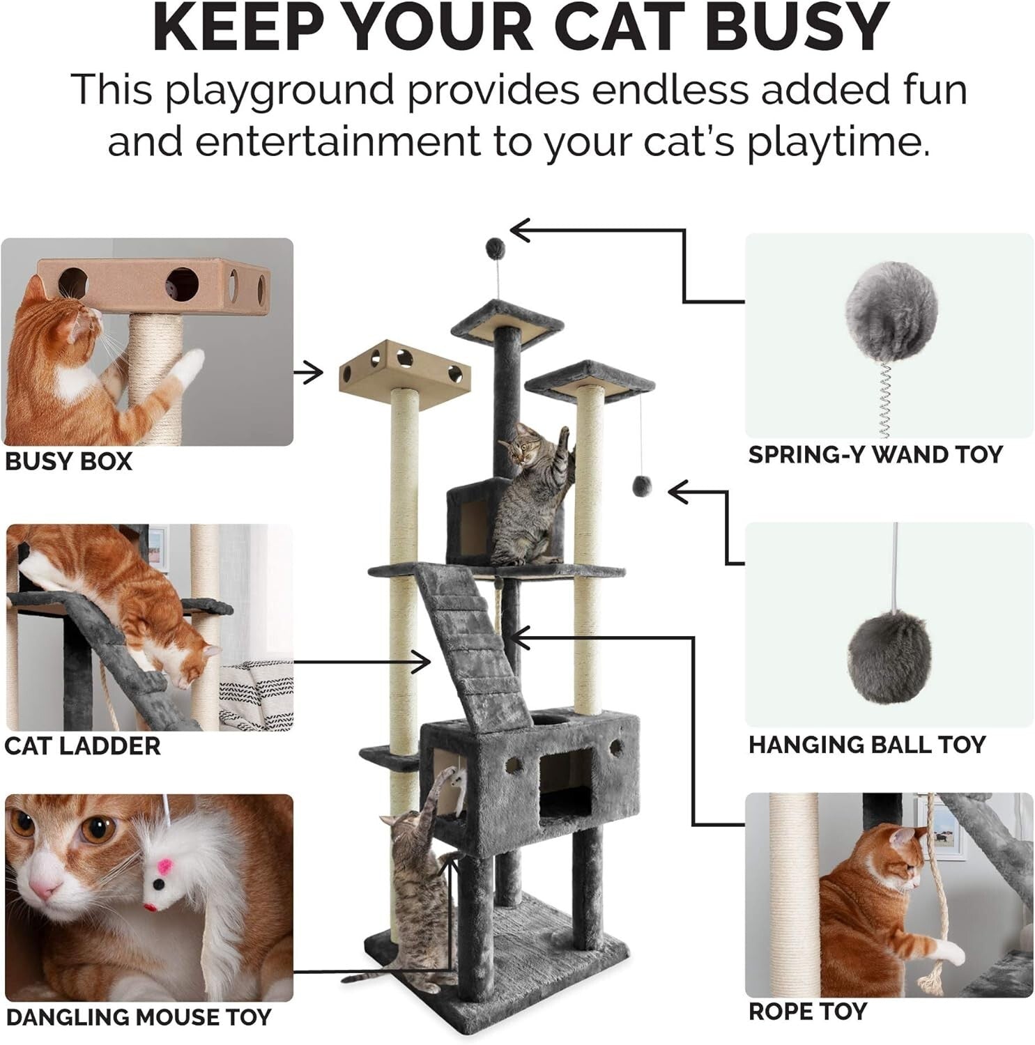 Interactive 69.3" Tall Cat Playground Tower with Toys & Condos in Silver Gray