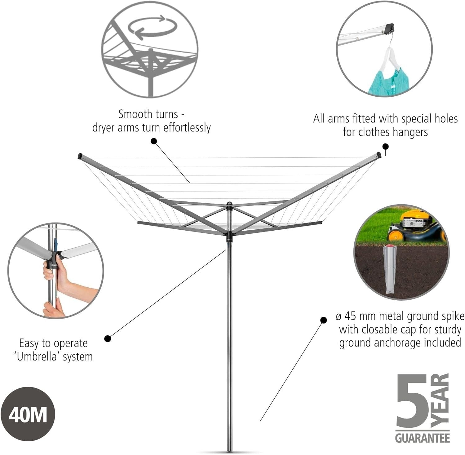 Premium 4 Arm Clothes Dryer - Ground Spike and 88 lb Capacity for Outdoor Use