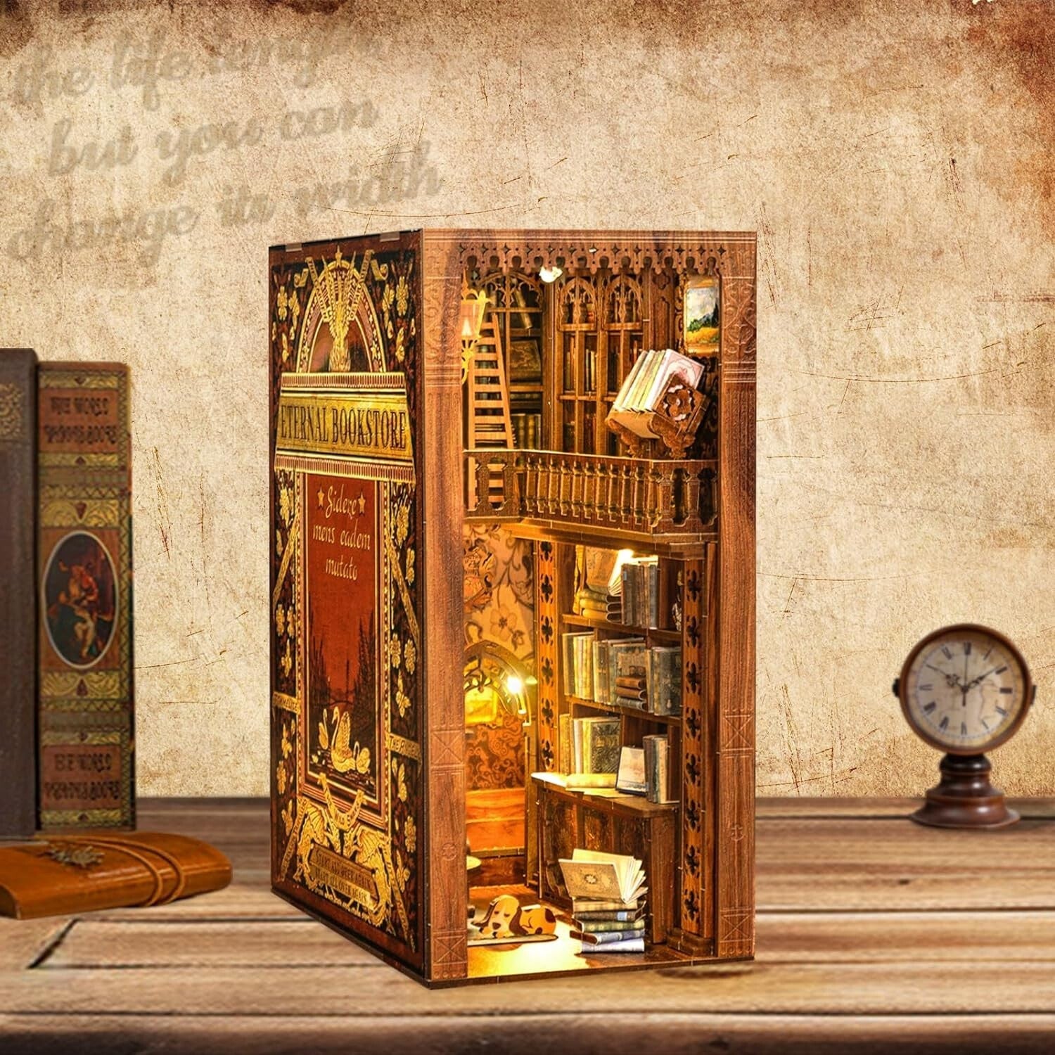 DIY Book Nook Kit with LED Lights - Wooden 3D Puzzle Bookends for Home Decor