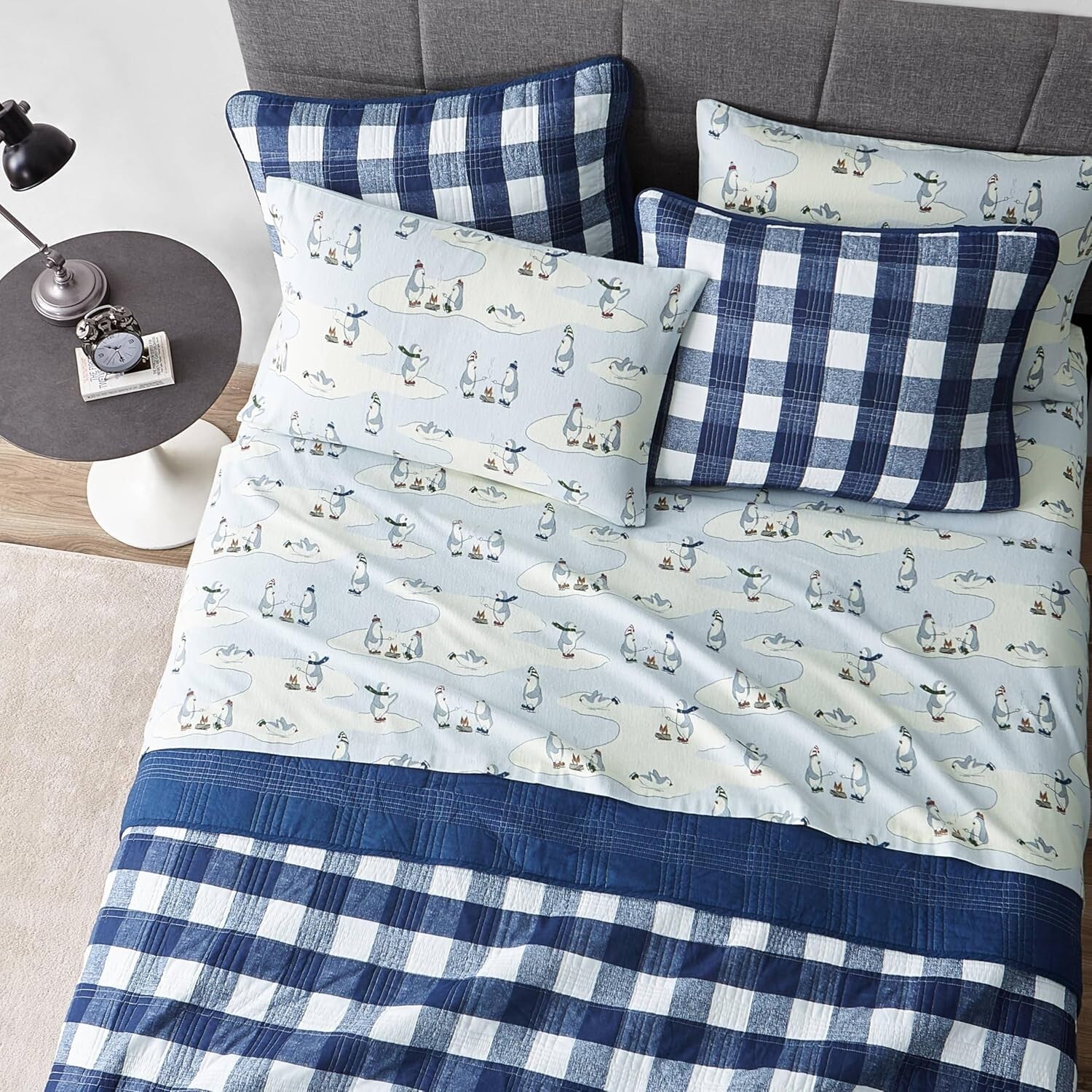 Soft Brushed Cotton Flannel Twin Bedding Set - Skating Penguin Print