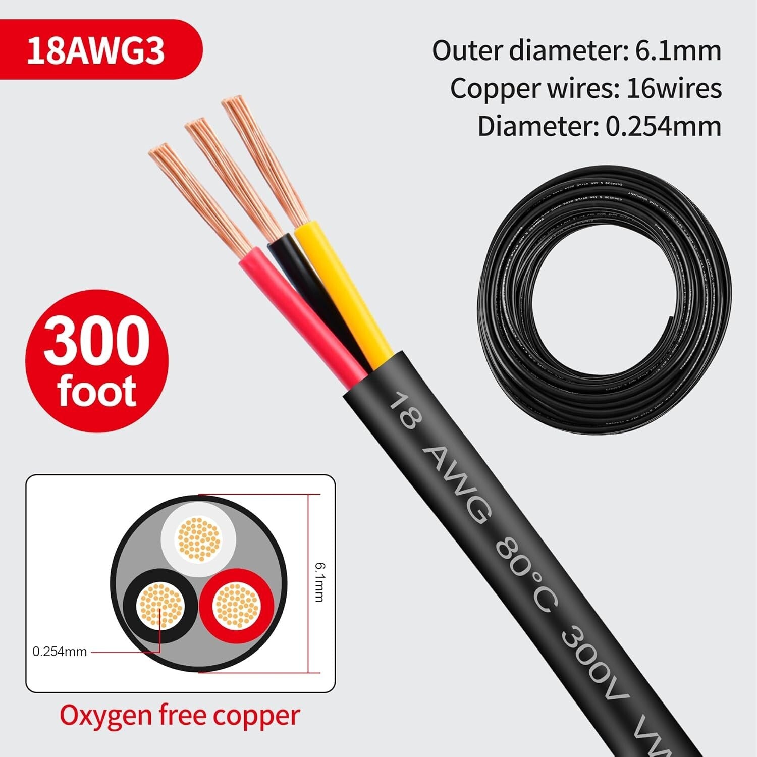 Oxygen-Free 18 AWG Copper Wire - 300FT Ideal for LED and Automotive Applications