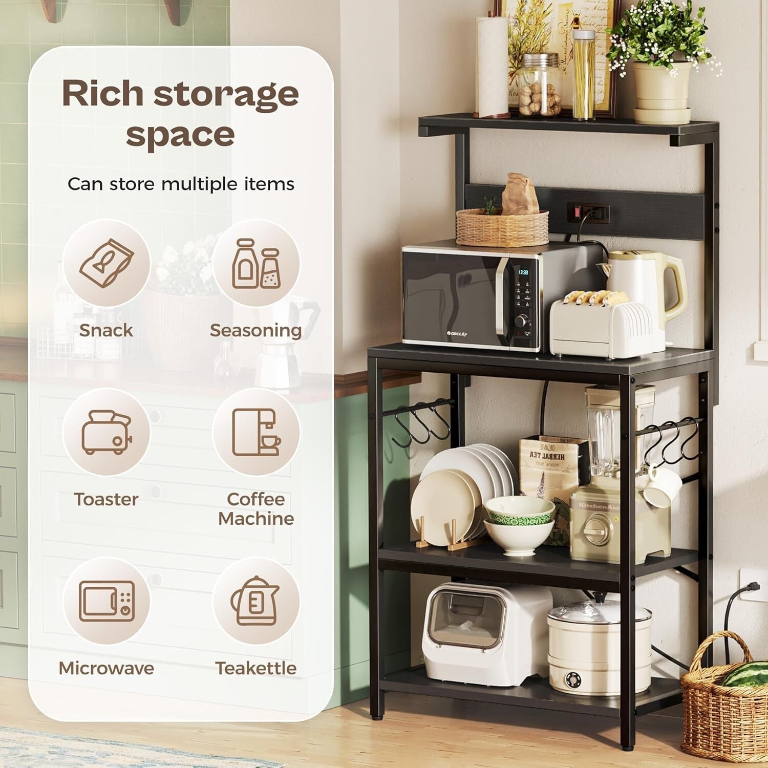 Functional Microwave Stand with Storage and Adjustable Shelves - Black Finish