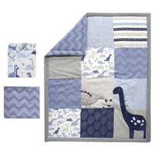 Load image into Gallery viewer, Modern Dinosaur Crib Bedding Set, 3 Pieces with Quilt and Dust Ruffle, Blue/Gray