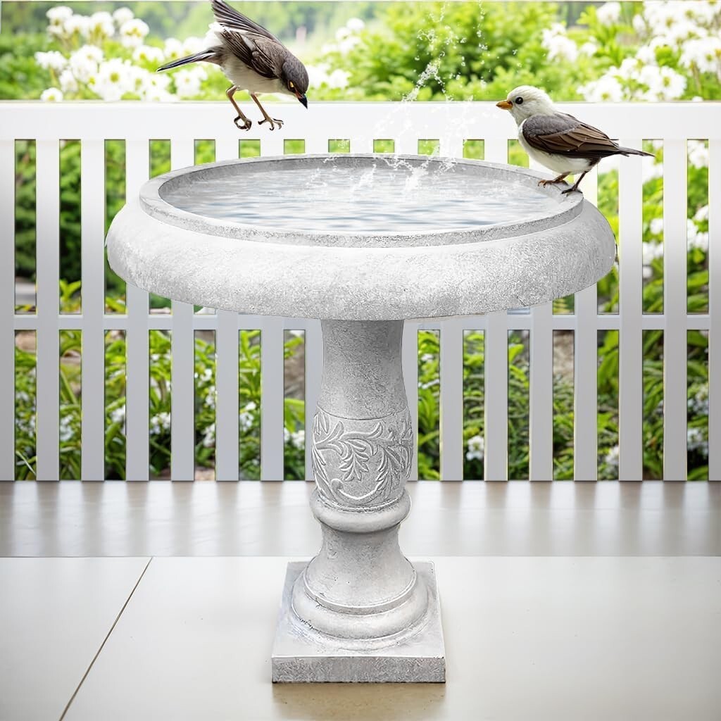 Classic 22.8" Concrete Birdbath with Flower Pattern - Durable Outdoor Beauty