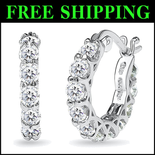 Classic Sterling Silver 16mm AAA CZ Small Hoop Earrings for Women - Gift Boxed