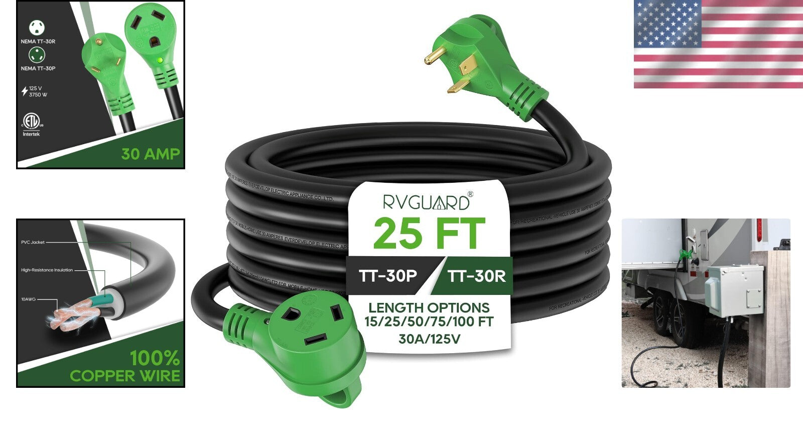 Weather-Resistant 30A RV Extension Cord, 25ft with Power Indicator & Organizer