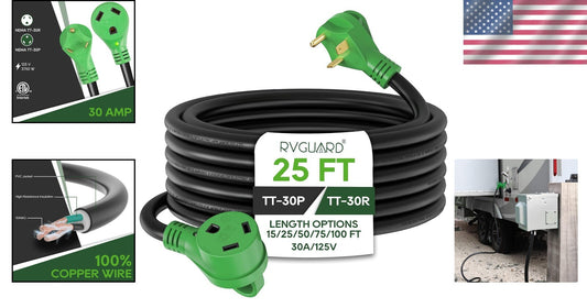 Weather-Resistant 30A RV Extension Cord, 25ft with Power Indicator & Organizer